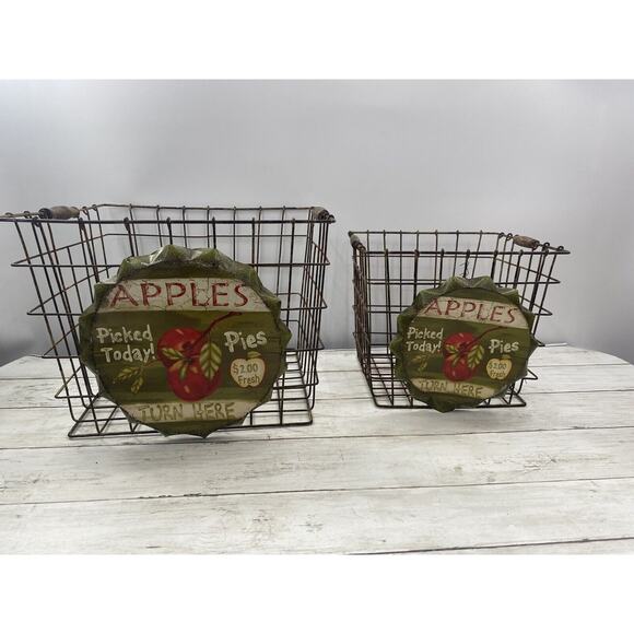 Vintage Metal Wire Locker Baskets Apple Pie Farmhouse Storage | Set of 2 - Picture 13 of 16